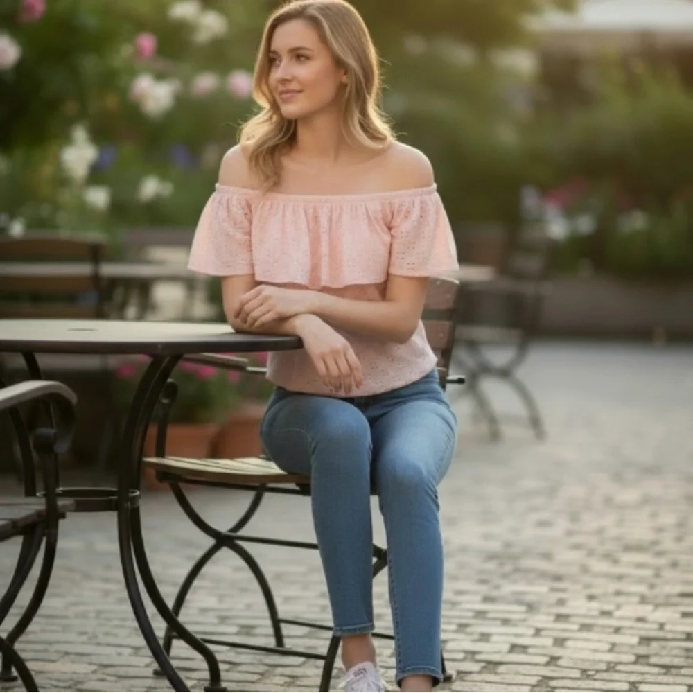 WALL FLOWER PEACH OFF THE SHOULDER TOP SIZE MEDIUM - Picture 4 of 9